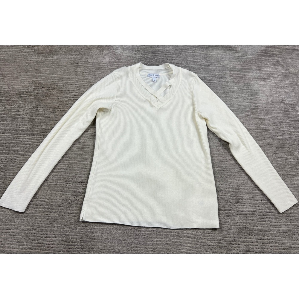 Kim Rogers Womens Ivory Ribbed Knit V-Neck Criss Cross Long Sleeve Sweater Large